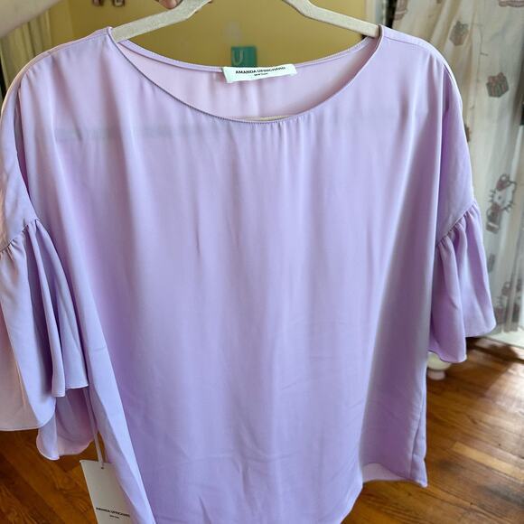 NWT Amanda Uprichard Ruffle Short Sleeve Flowy Blouse Size Large Purple - Picture 10 of 14